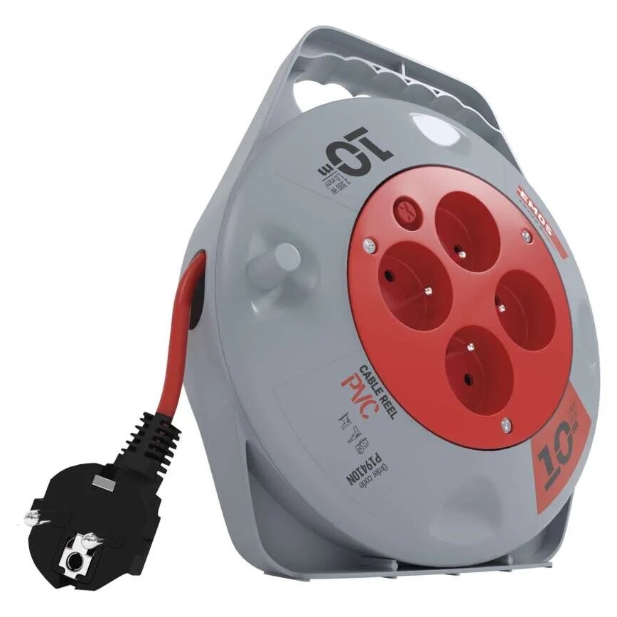 Kábeldobos hosszabbító 4 aljzattal, 10 m, szürke/piros