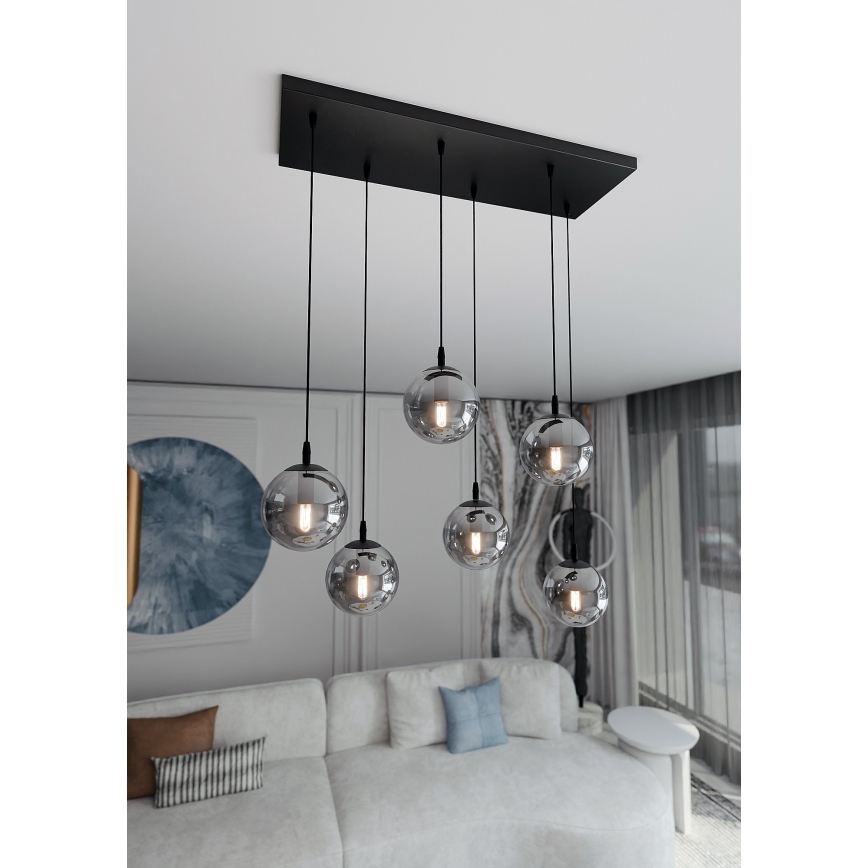 Kábelre függesztett csillár COSMO 6xE14/10W/230V fekete/füstös fekete