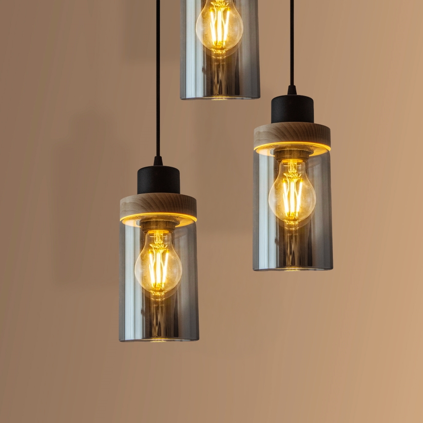 Kábelre függesztett csillár WOODNEST 3xE27/15W/230V fenyő/füstös fekete