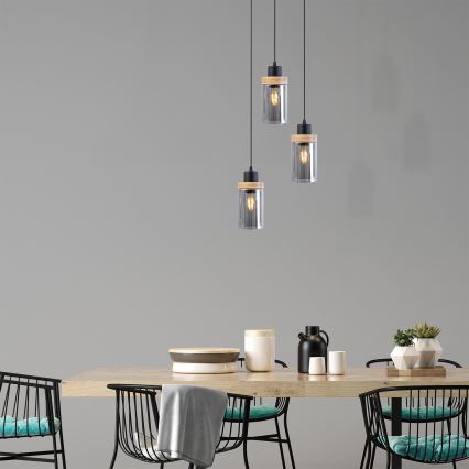 Kábelre függesztett csillár WOODNEST 3xE27/15W/230V fenyő/füstös fekete