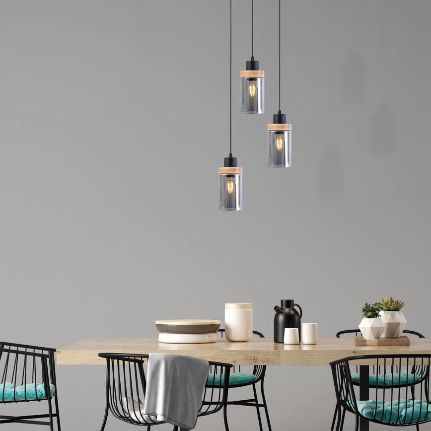 Kábelre függesztett csillár WOODNEST 3xE27/15W/230V fenyő/füstös fekete
