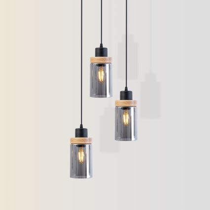 Kábelre függesztett csillár WOODNEST 3xE27/15W/230V fenyő/füstös fekete