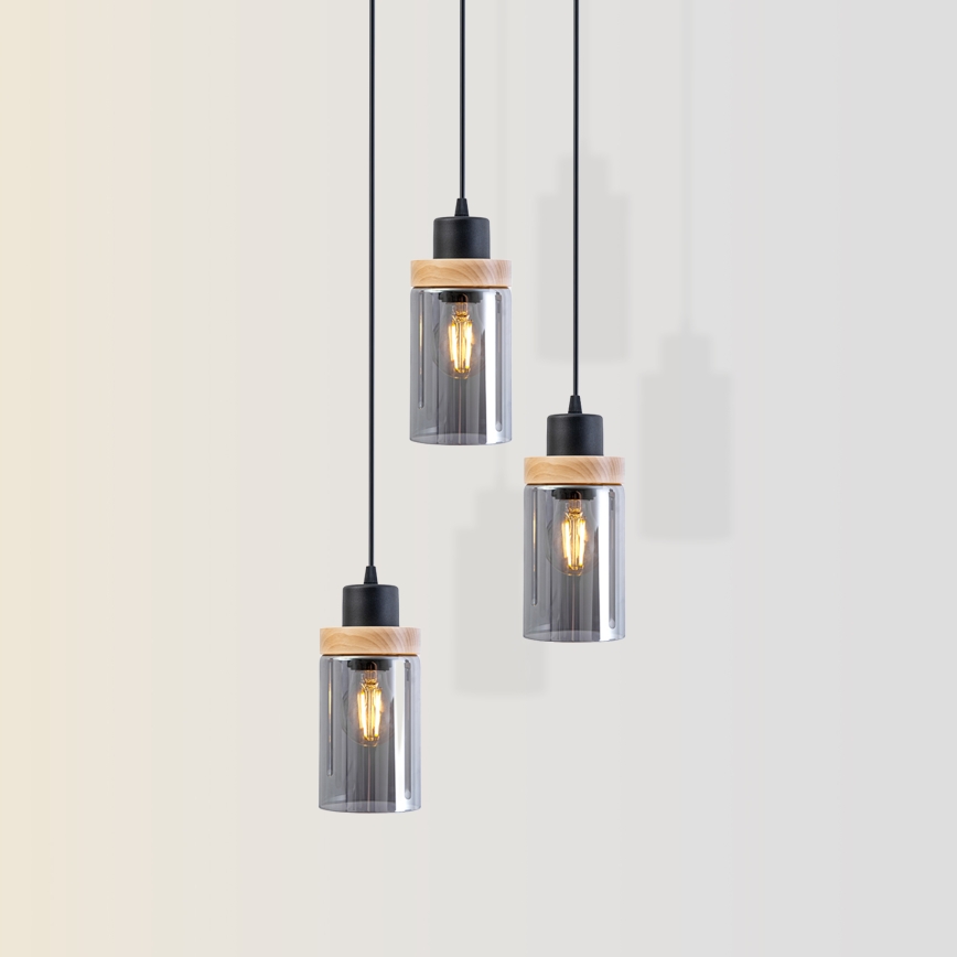 Kábelre függesztett csillár WOODNEST 3xE27/15W/230V fenyő/füstös fekete