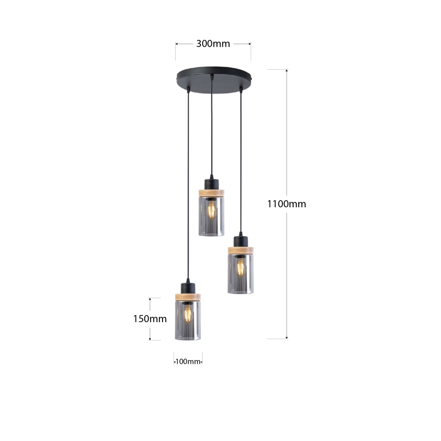 Kábelre függesztett csillár WOODNEST 3xE27/15W/230V fenyő/füstös fekete