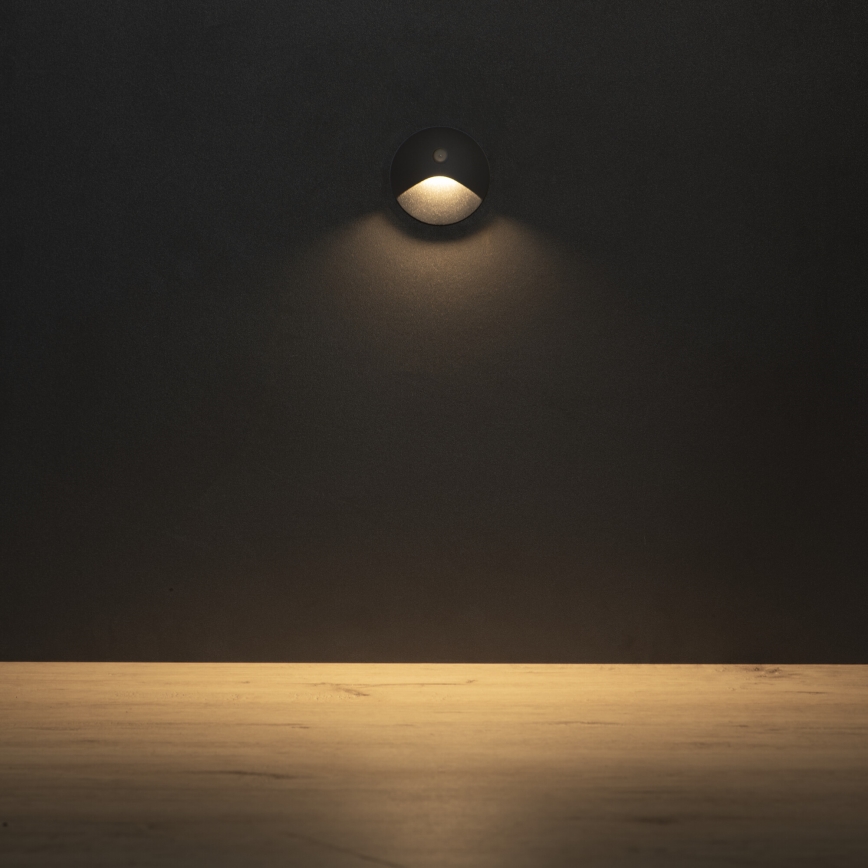 LED lépcsőlámpa mozgás- és alkonyérzékelővel EXIN LED/2,5W/230V 3000K IP65 antracitszínű, kerek