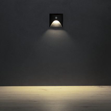 LED lépcsővilágító lámpa mozgás- és alkonyérzékelővel EXIN LED/2,5W/230V 4000K IP65 fekete, szögletes