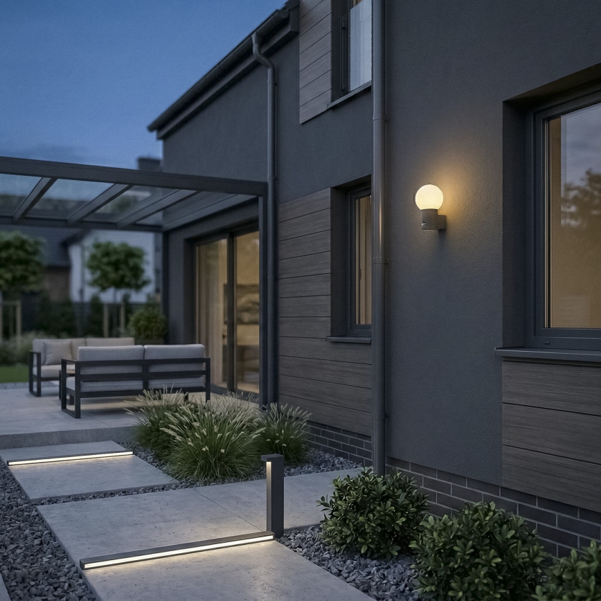 Kültéri fali lámpa mozgás- és alkonyérzékelővel STONO 1xE27/15W/230V IP65 antracit