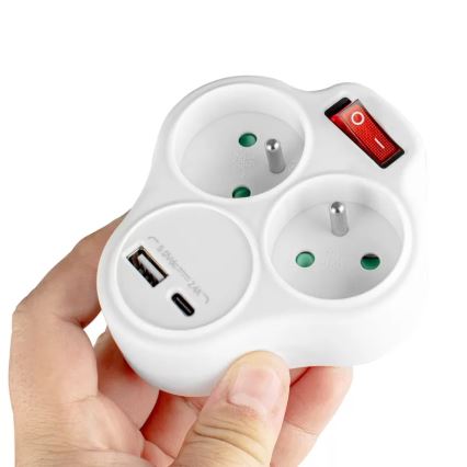 Kapcsolós elosztó 2 aljzattal + USB-C + USB-A