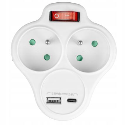 Kapcsolós elosztó 2 aljzattal + USB-C + USB-A