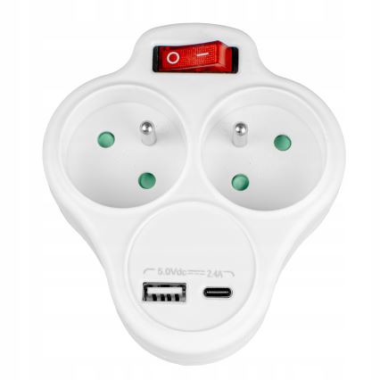 Kapcsolós elosztó 2 aljzattal + USB-C + USB-A
