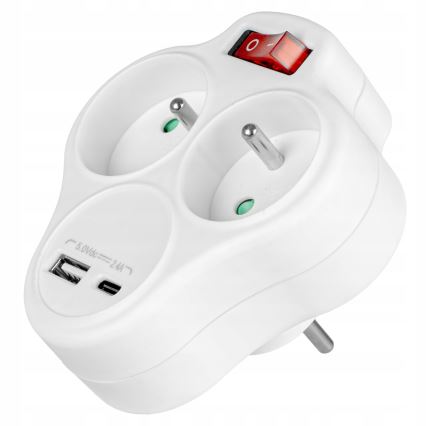 Kapcsolós elosztó 2 aljzattal + USB-C + USB-A