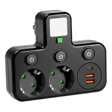 Kapcsolós elosztó LED-világítással LINEA PRO 2Z + 3xUSB A/C SCHUKO 4000K fekete