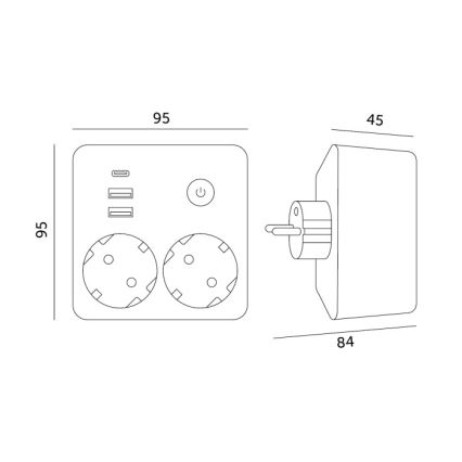 Kapcsolós elosztó LINEA 2x230V + 3xUSB A/C SCHUKO fekete