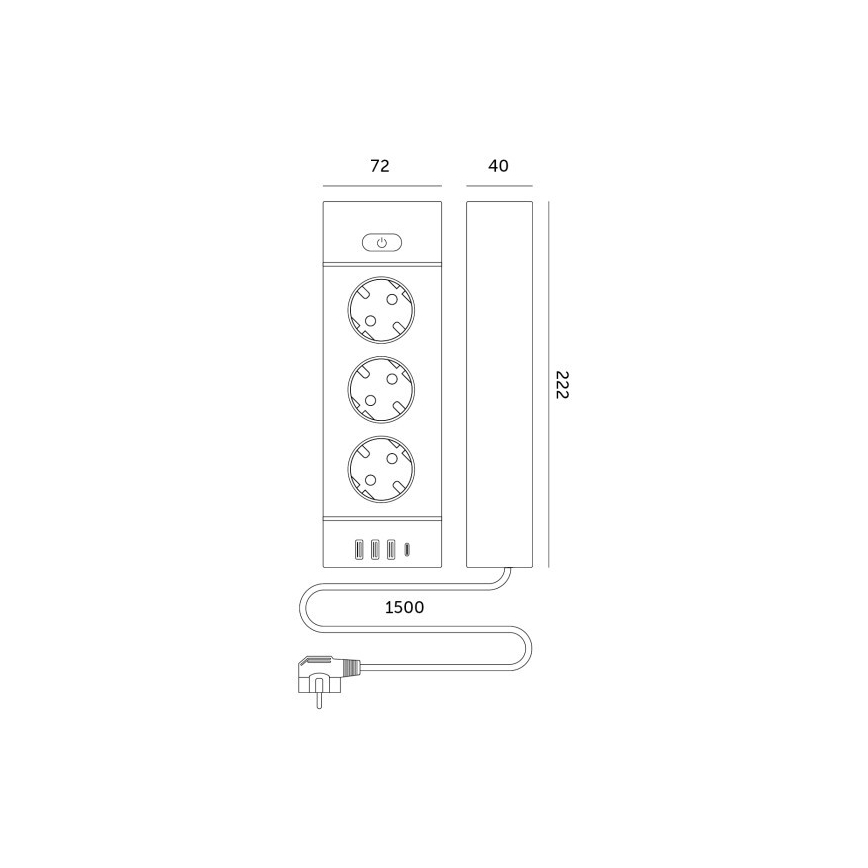Kapcsolós elosztó LINEA PRO 3x230V+3xUSB-A + 1xUSB-C SCHUKO 1,5 m fekete