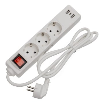Kapcsolós hosszabbító kábel, 3 aljzat + 2x USB-A + 1x USB-C, 1,5 m, SCHUKO, fehér
