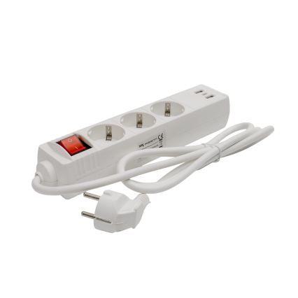 Kapcsolós hosszabbító kábel, 3 aljzat + 2x USB-A + 1x USB-C, 1,5 m, SCHUKO, fehér