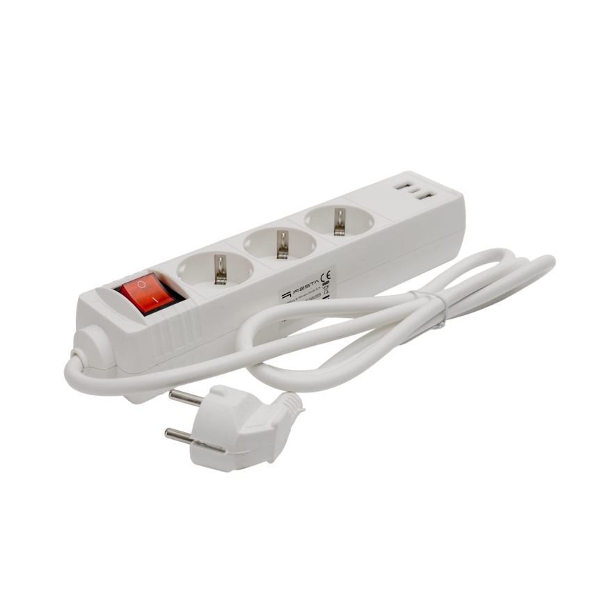 Kapcsolós hosszabbító kábel, 3 aljzat + 2x USB-A + 1x USB-C, 1,5 m, SCHUKO, fehér