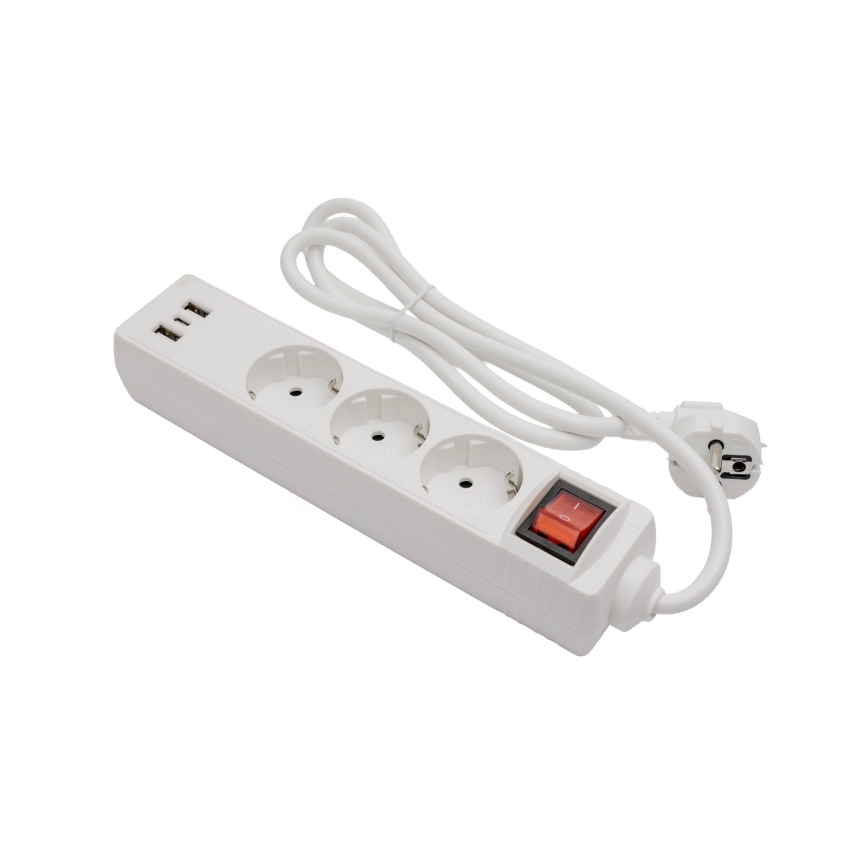 Kapcsolós hosszabbító kábel, 3 aljzat + 2x USB-A + 1x USB-C, 1,5 m, SCHUKO, fehér