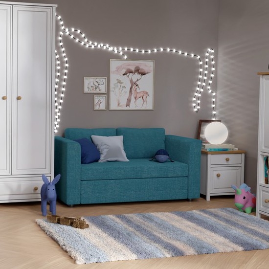 Kárpitozott, ággyá nyitható, kétüléses karfás kanapé LAYLA kék