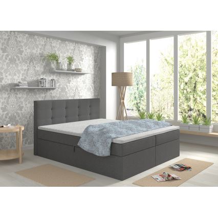 EMBER ágyneműtartós kárpitozott ágy 180x200 cm matracokkal és topperrel, antracit