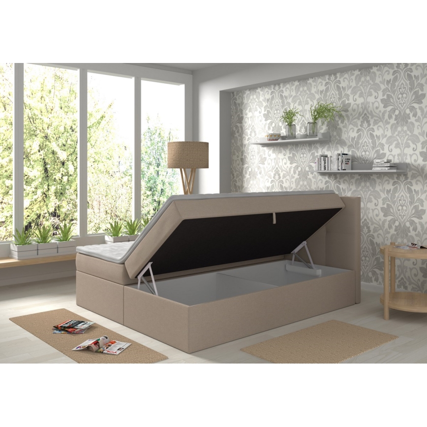 EMBER kárpitozott ágy 180x200 cm, bézs, matracokkal és topperrel, tárolóval