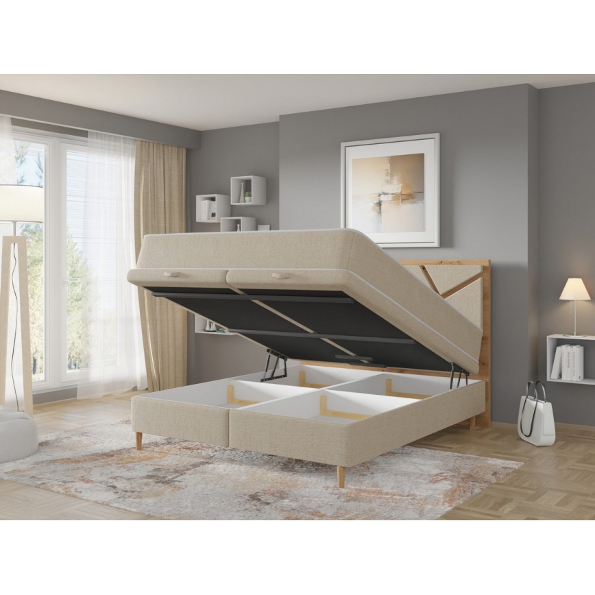 Kárpitozott franciaágy matracokkal és beépített tárolóval NAOMI 160x200 cm, bézs