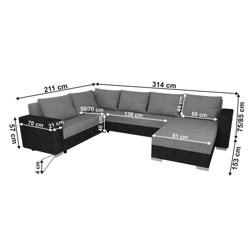 Kárpitozott univerzális U-alakú kihúzható ülőgarnitúra YORK fekete/antracit