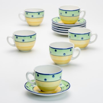 Kávéskészlet 6x Kerámia pohár csészealjjal zöld sárga