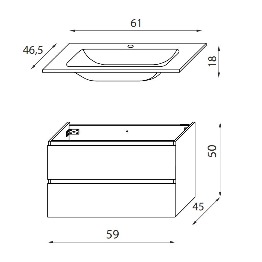 KENWOOD 61 cm-es fürdőszobai szekrény mosdóval, fehér//fekete