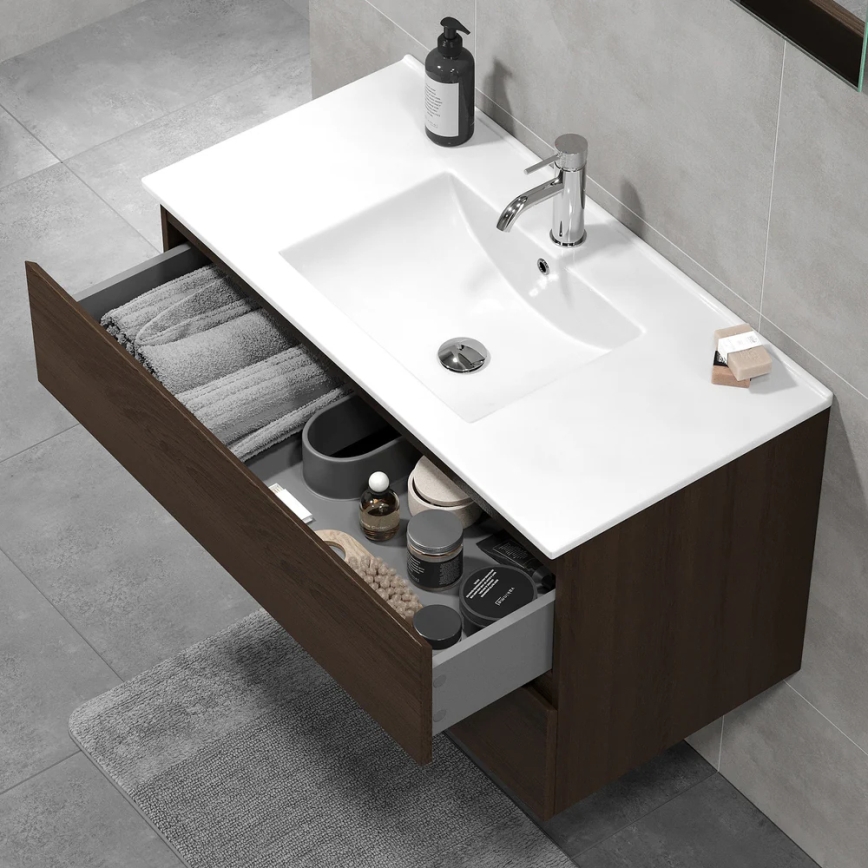 KENWOOD fürdőszobai szekrény mosdóval, 91x50x47 cm, dió