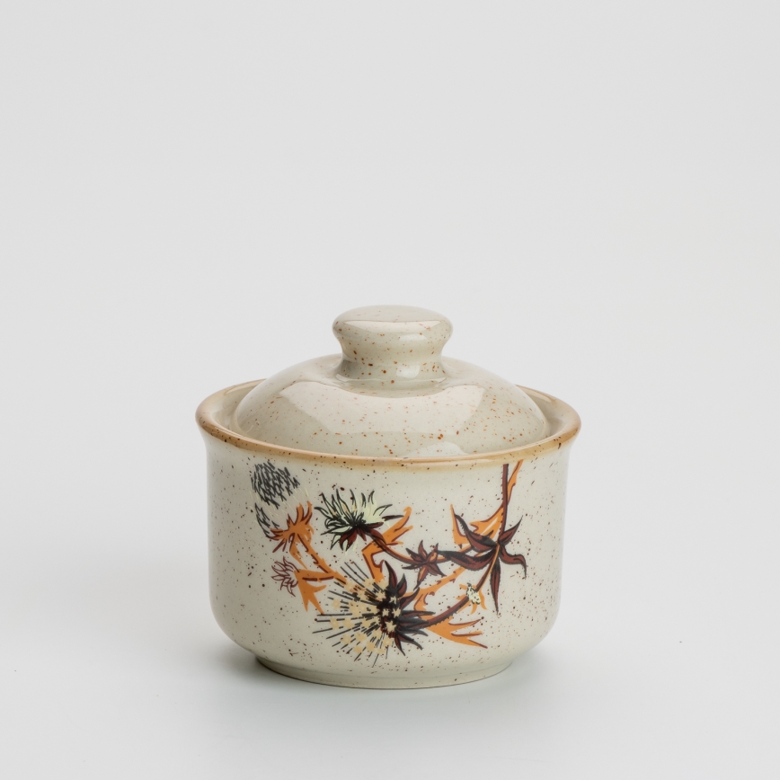 Kerámia cukortartó fedővel, bodzavirág mintás, bézs színű