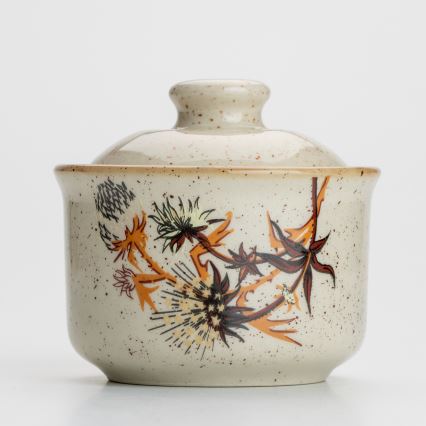 Kerámia cukortartó fedővel, bodzavirág mintás, bézs színű