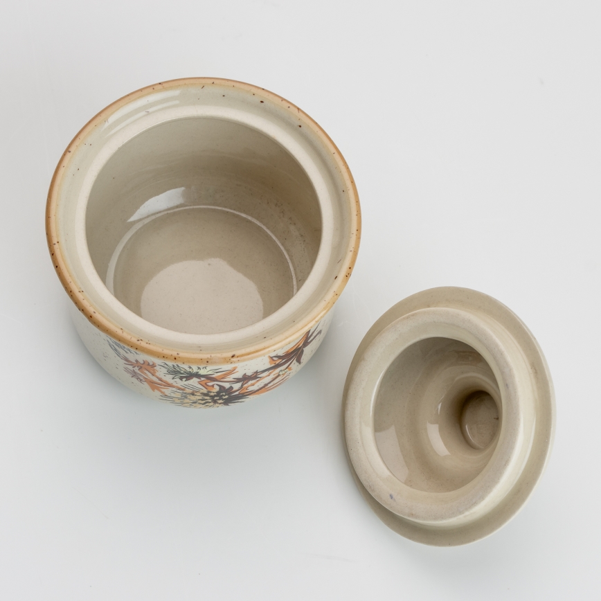 Kerámia cukortartó fedővel, bodzavirág mintás, bézs színű