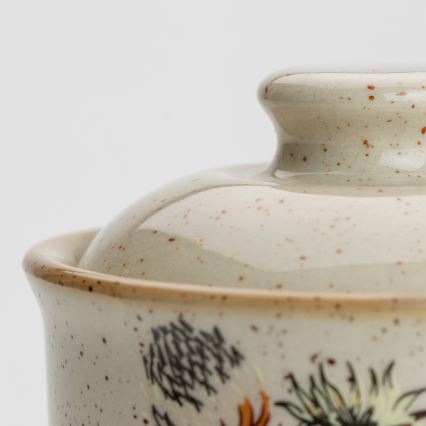 Kerámia cukortartó fedővel, bodzavirág mintás, bézs színű