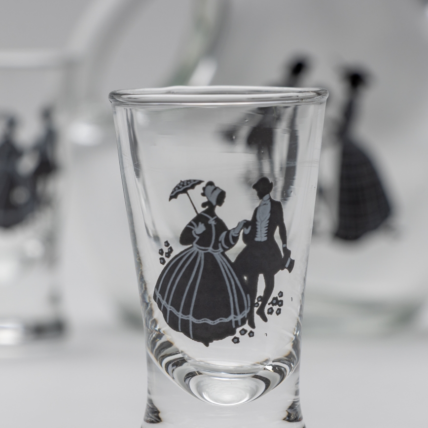 Készlet 1x nagy palack + 2x Felespohár átlátszó táncos motívummal