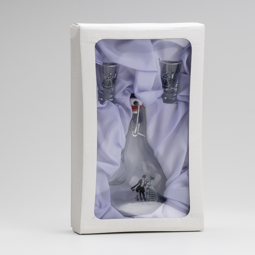 Készlet 1x nagy palack + 2x Felespohár átlátszó táncos motívummal