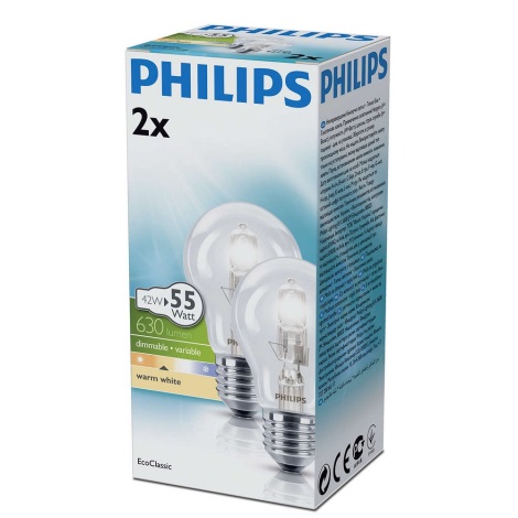 KÉSZLET 2x Dimmelhető halogén izzó E27/42W/230V - Philips