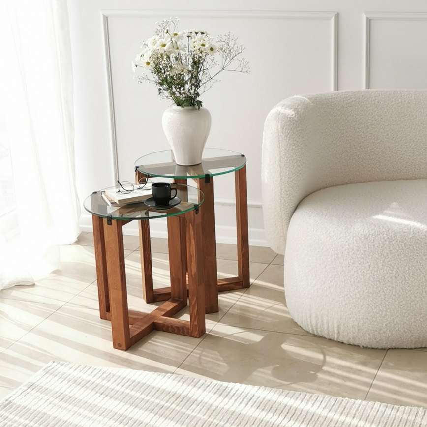 KÉSZLET 2x Kisasztal AMALFI átm. 40 cm barna/átlátszó