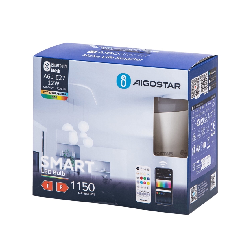 KÉSZLET 2x LED RGBW Dimmelhető izzó MESH Intelligens A60 E27/12W/230V 2700-6500K + távirányítás - Aigostar