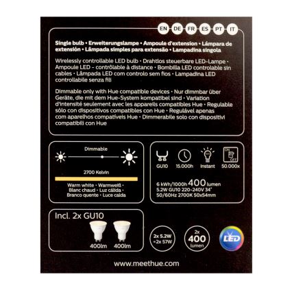 KÉSZLET 2x LED Dimmelhető izzó Philips Hue WHITE GU10/5,2W/230V 2700K