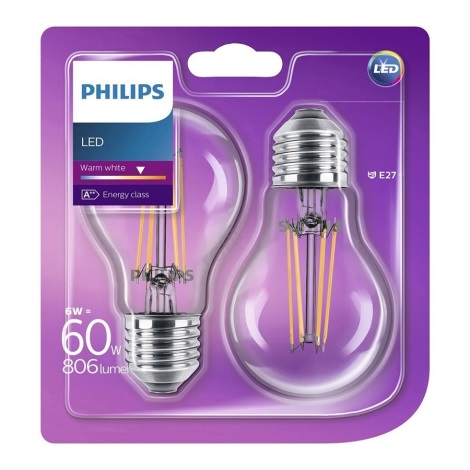 Készlet  2x LED Izzó E27/6W/230V - Philips