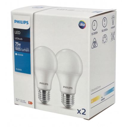KÉSZLET 2x LED Izzó Philips A60 E27/10W/230V 4000K