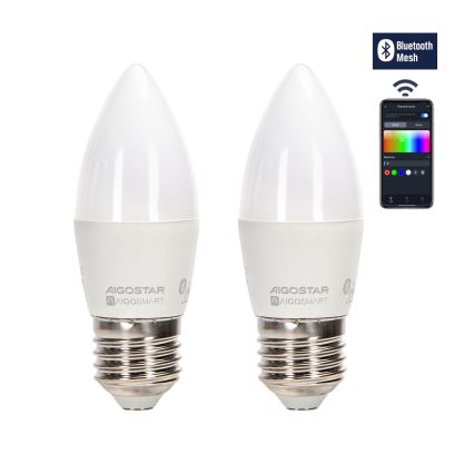 KÉSZLET 2x LED RGBW Dimmelhető izzó MESH Intelligens C37 E27/6,5W/230V 2700-6500K + távirányítás - Aigostar