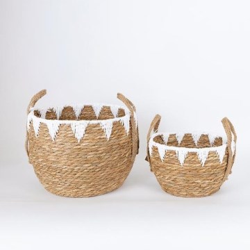 KÉSZLET 2x Szalmakosár bézs/fehér 32x16,5x18/24x23,5x26 cm