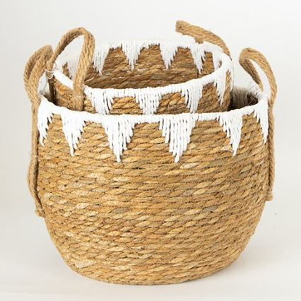 KÉSZLET 2x Szalmakosár bézs/fehér 32x16,5x18/24x23,5x26 cm