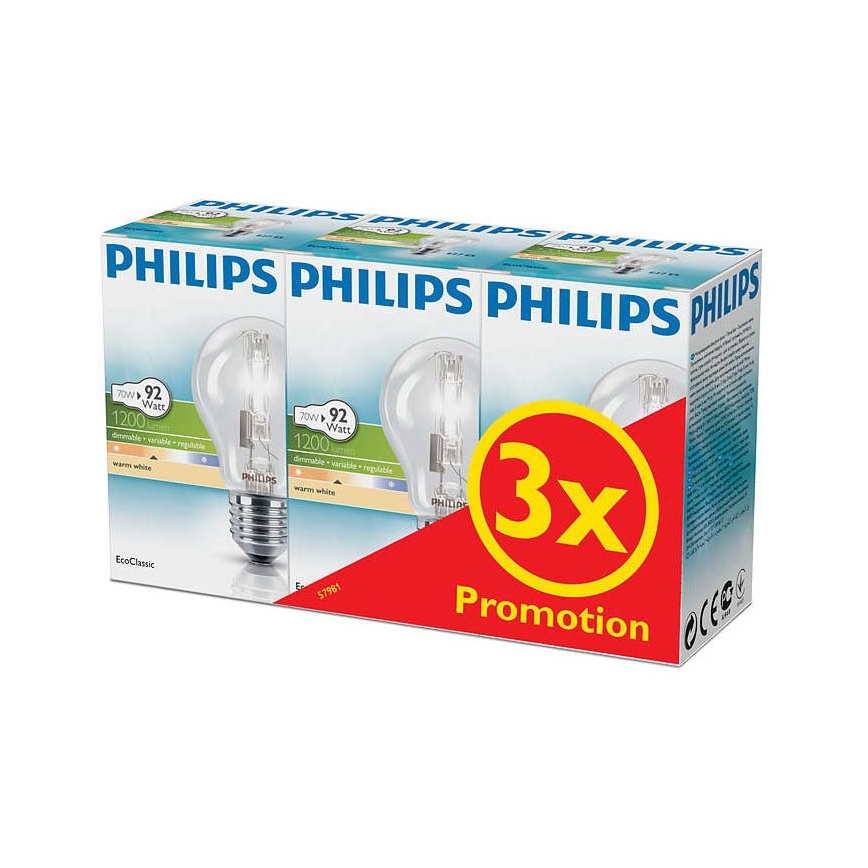 KÉSZLET 3x Dimmelhető halogén izzó Philips E27/70W/230V
