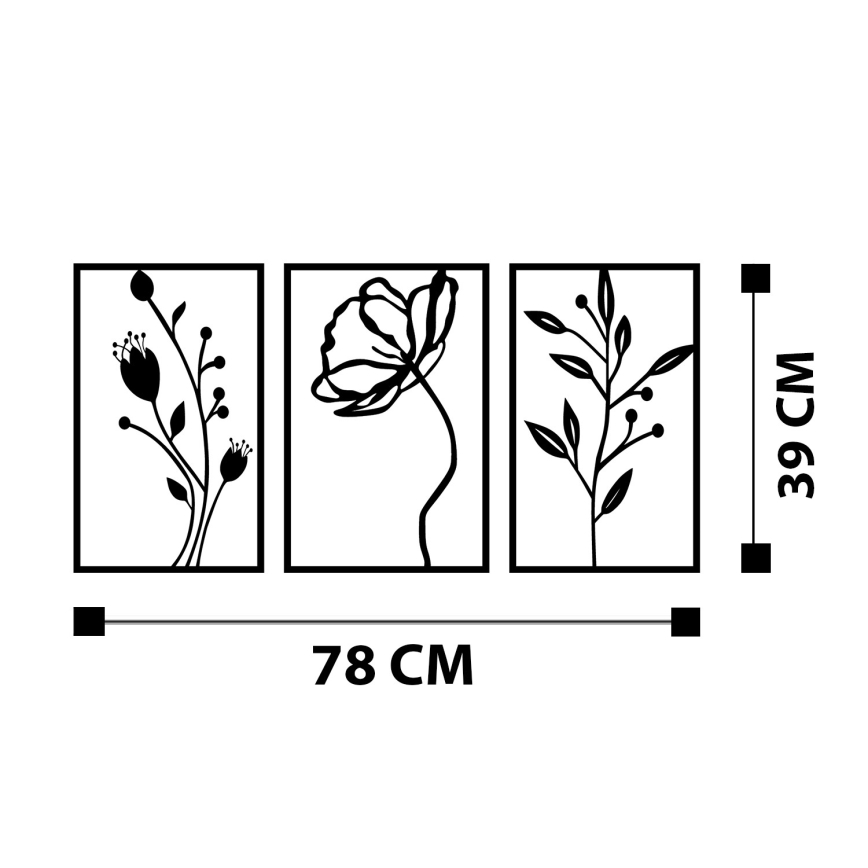 KÉSZLET 3x Fali dekoráció 78x39 cm Virágok fém