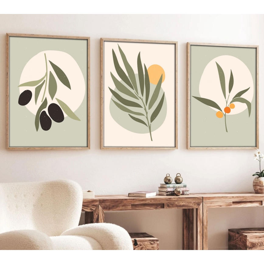 KÉSZLET 3x Kép képkeretben 50x70 cm levelek