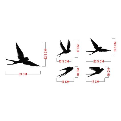 KÉSZLET 5x Fali dekoráció madarak fém