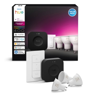 Kezdőcsomag Philips Hue WHITE AND COLOR AMBIANCE 3xGU10/4,2W 2000-6500K + Hue Bridge és dimmer kapcsoló